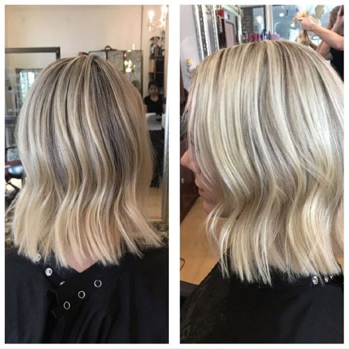 Photo of client before after results by Sydney hairdresser Deb Bradshaw; stylist business owner at Hair Angel salon in Balmain, formerly Rozelle; specialists colourists with platinum blonde balayage colouring and colour correction.